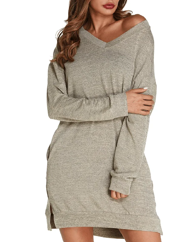 Women Long Sleeve Side Split Loose Casual Pullover Sweatshirt Dress with Pockets