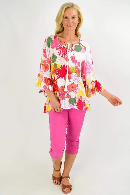 Wide Sleeve Multicolour Floral Tunic Top